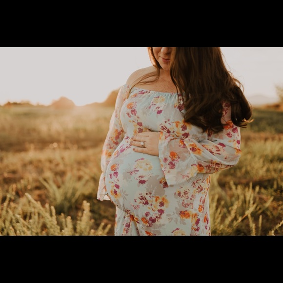 Blue Floral Off Shoulder Ruffle Maternity Maxi - Picture 1 of 6